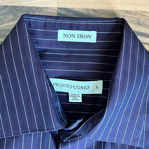 Pronto-Uomo Non-Iron Deep Purple 100% Cotton Pinstripe Button Down Dress Shirt - Picture 2 of 6